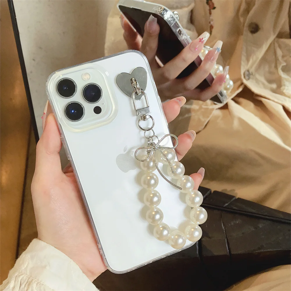 Luxury Plated Silver Bead Pearl Chain Phone Case Trendy Trasparent Cover Cute Strap Cases iPhone 15 14 12 13 Pro Max 15Pro