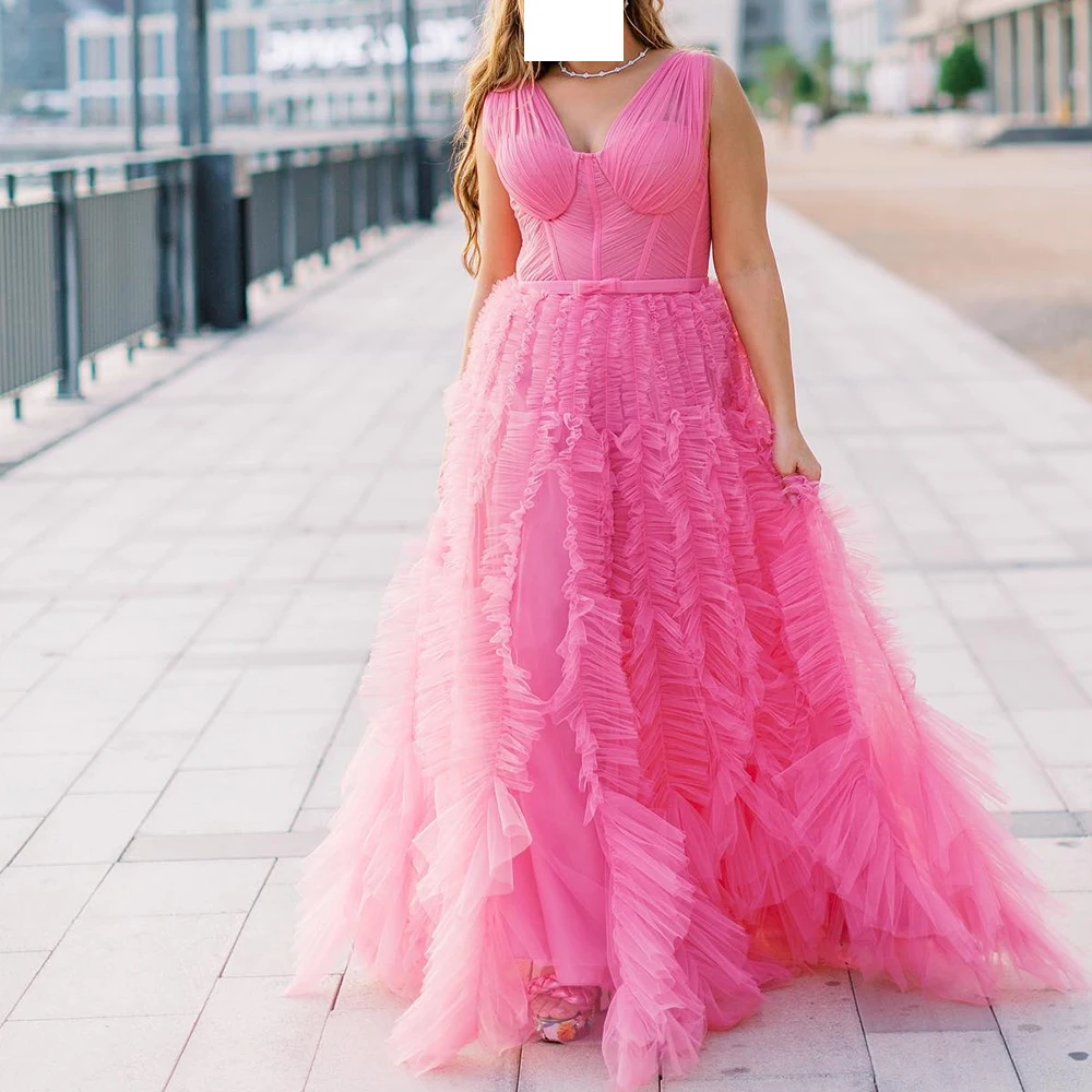 

Sleeveless Tulle A-Line V Neck Floor Length Saudi Evening Dresses Elegant Solid Pink Pleats Bow Bespoke Occasion Gowns Classic