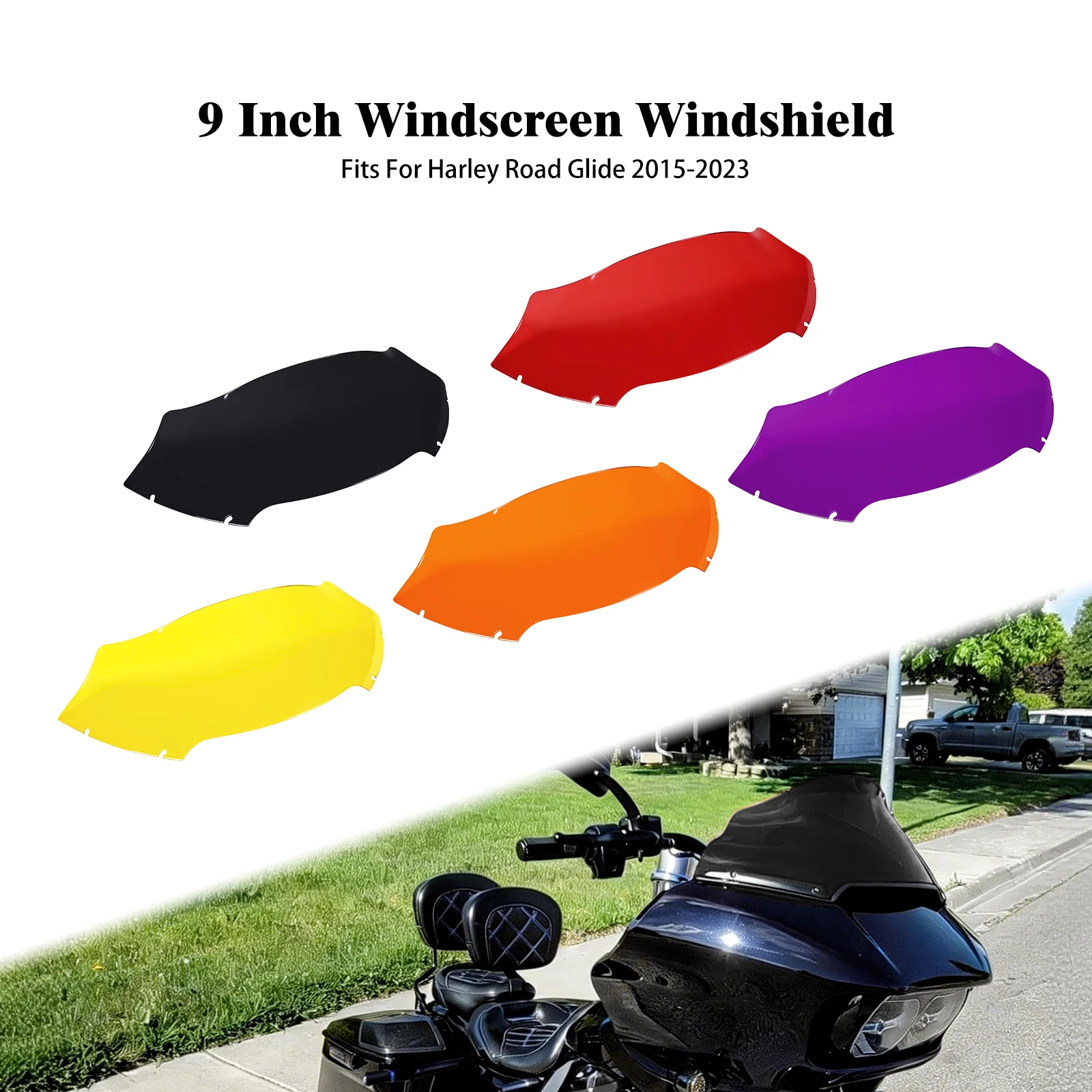 

Motorcycle 9'' Windshield Wave Windscreen Deflector Black/Red/Orange/Yellow/Purple For Harley Touring Road Glide FLTRX 2015-2023