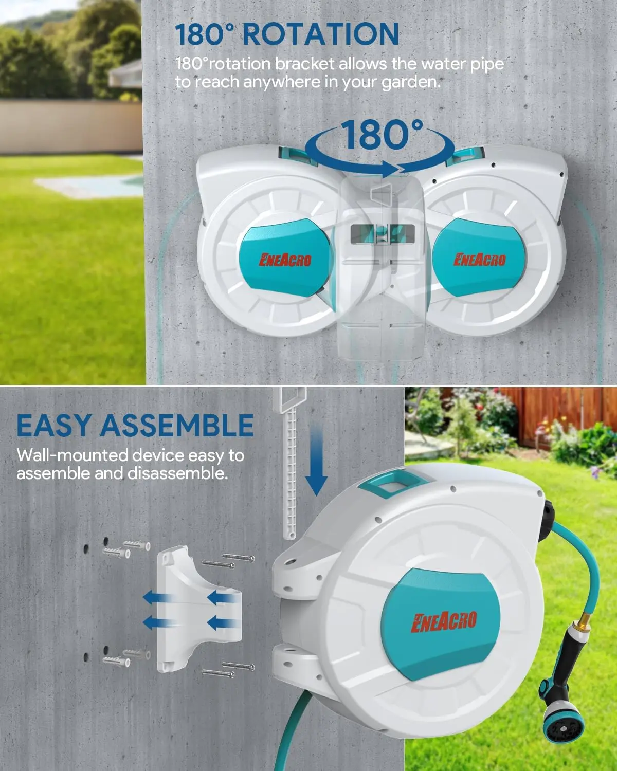 

Scalable garden hose reel, wall mounted 1/2 '× 100ft, with 10 type hose nozzle, brass joint