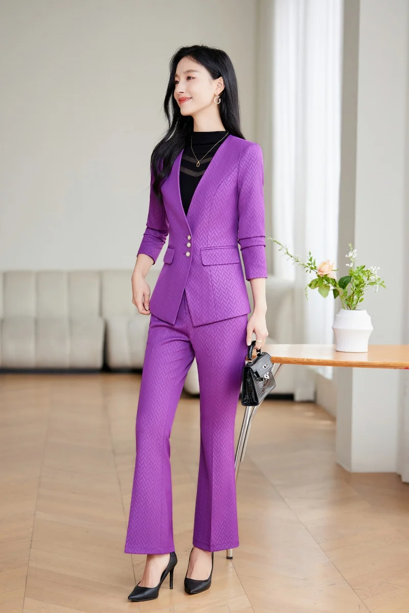 AIyssa Purple suit womens new fashion professional business formal suit jacket+pants. suit office ladies work clothes