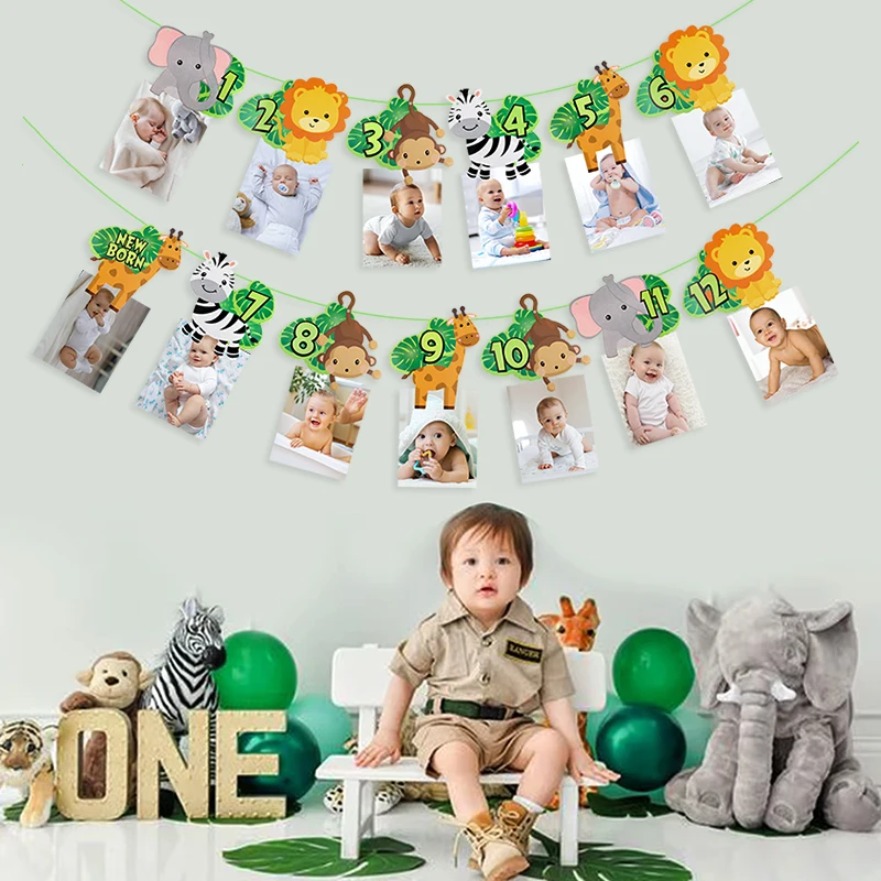 Baby, ein Jahr, 12 Monate, Fotobanner, 1. Junge, wilder Dschungel, Safari, Geburtstagsfeier, Löwe, Tiger, Tier, Papiergirlande, Flaggen, Dekoration
