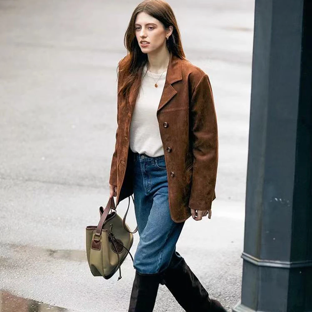 سترة Jxwatcher النسائية كبيرة الحجم من جلد الغزال عالية الجودة بطبقة علوية من جلد الغزال سترة جلدية حقيقية 2025 ربيع جديد وصول