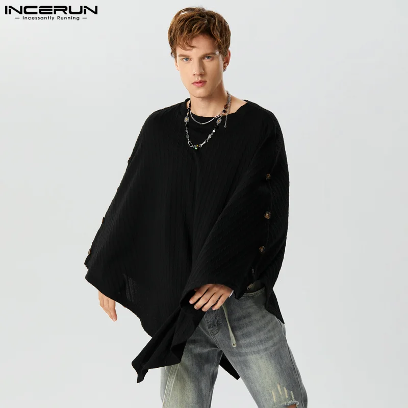 

American Style Fashion Men's Stripe Solid Irregular Hem Trench Coat Casual Street Loose Mid Sleeved Cape S-5XL INCERUN Tops 2023