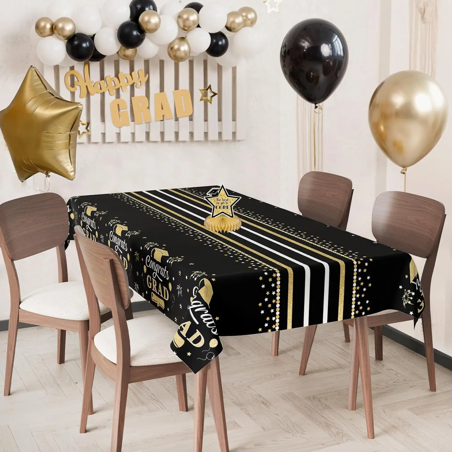 مفرش مائدة للتخرج باللونين الأسود والذهبي ، مبروك غراد مستلزمات حفلات للاستعمال مرة واحدة ، بلاستيك مستطيل ، 54x "، 3 عبوات