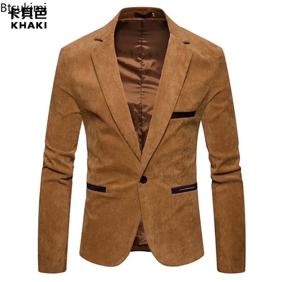 New High Quality Men\'s Leisure Corduroy Blazers Jacket Fashion Patchwork Single Button Casual Slim Suit Jacket for Men Clothing