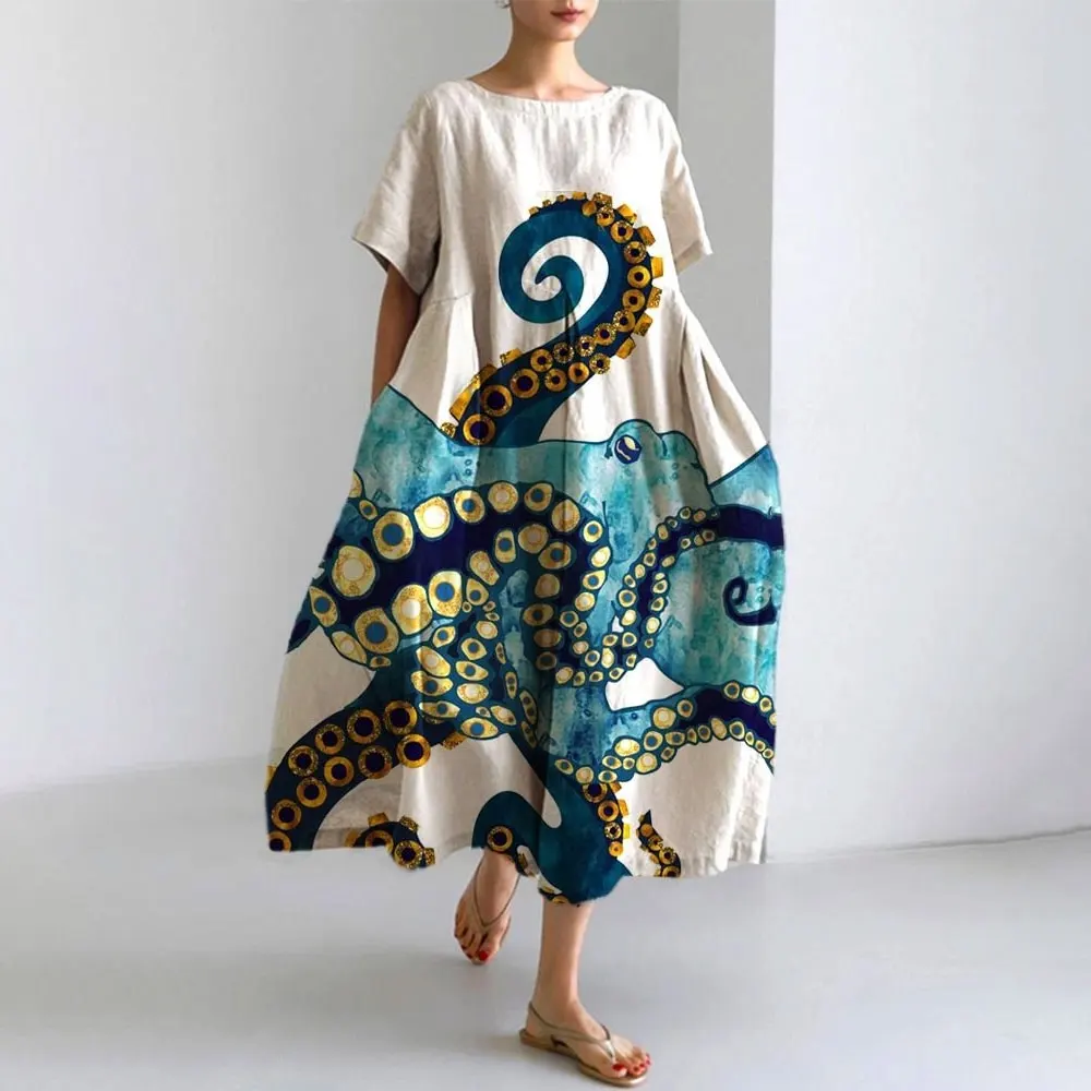 

Women's Large Size Round Neck Pocket Dress Fashion 3D Octopus Print Short Sleeve Long Dress Summer New Daily Casual Dress
