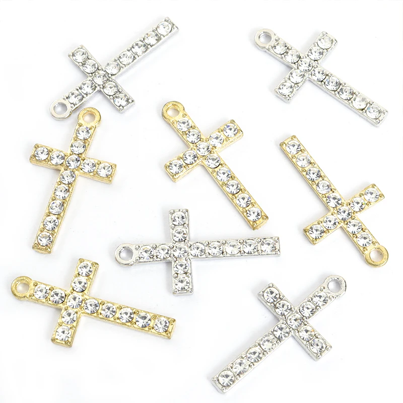 10pcs Glaring Crystal Cross Charm Catholic Belief Jesus Crucifix Alloy Pendant DIY Necklace Earring Keychain Jewelry Accessories