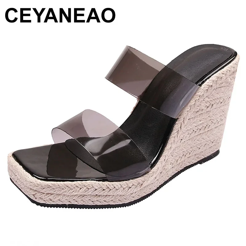 Women Slippers PVC New Summer Wedge Sandals espadrilles Thick Bottom High-heeled Flip-flop Sandals Large Size 44 45 46