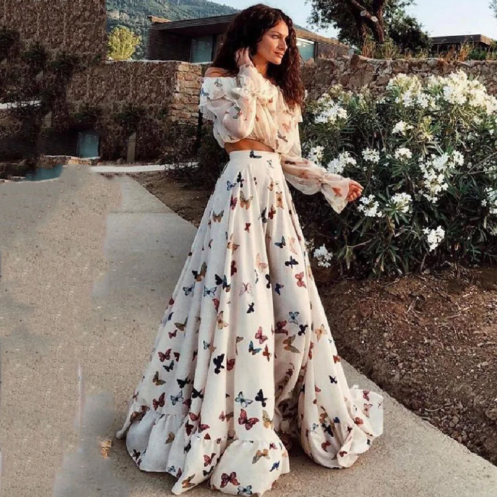 Women's Bohemia Print Two-Piece Set Dress Ruffle Off Shoulder Flared Sleeve Top Blouse High Waist A-Line Maxi Beach Female Skirt