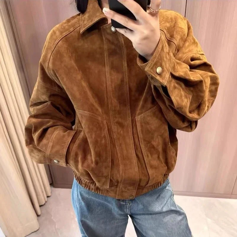 Retro High End Imported Soft  Suede Leather Bomber Jacket Woman Square Neck Folded Sleeve Big Pocket  100% Kid Suede Coat Top