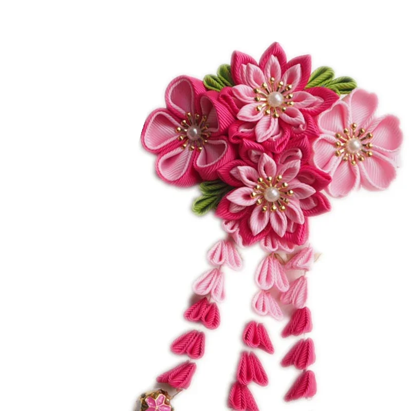Handmade ชุดกิโมโนเครื่องประดับสไตล์ญี่ปุ่นซากุระ Hairpin Yukata Hanfu ภาพอุปกรณ์เสริมผมคอสเพลย์ Bell Tassels คลิปด้านข้าง