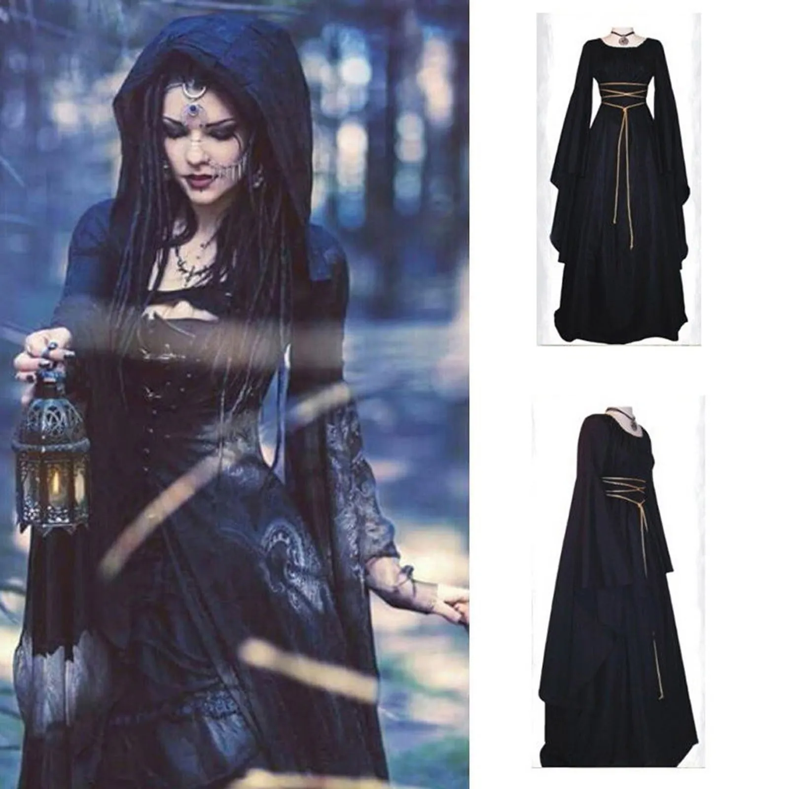 Cosplay medievale Vampire Witch Maxi Dress Gothic Retro Long Bell Sleeve Bandage Slim Robes Dress con cintura lunghezza del pavimento abiti