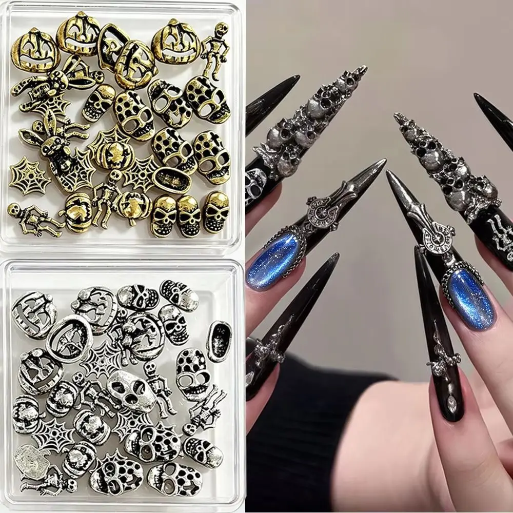 30pcs Silver/Gold Skull Skeleton Spider Web Pumpkin Nail Gem 3D Metal Alloy Halloween Nail Charms Flatback Punk Nail Art Supplie