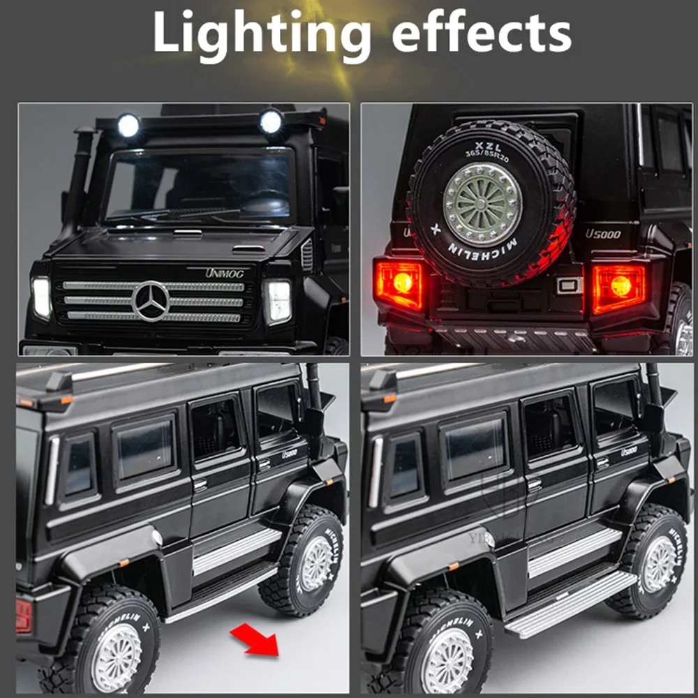 1:28 Die Cast Alloy Car Model Toys UNIMOG U500 Truck Metal Model Simulation Off-Road Vehicle With Light Pull Back Toys For Boys