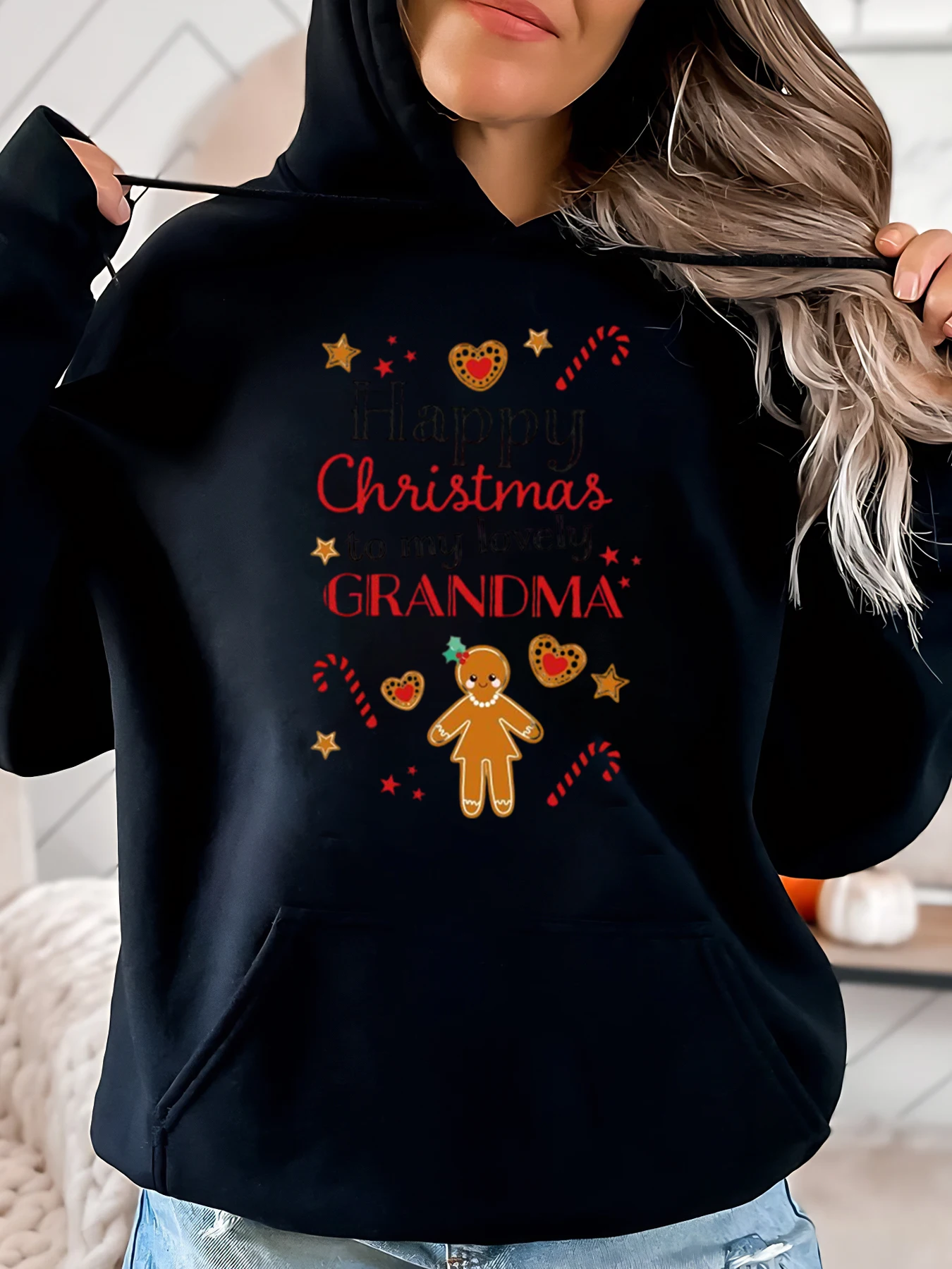 Kapuzenpullover mit Weihnachts-Lebkuchen-Oma-Aufdruck, Weihnachtsgeschenk für Frauen, Weihnachtsfeier, Schwarz, Übergröße