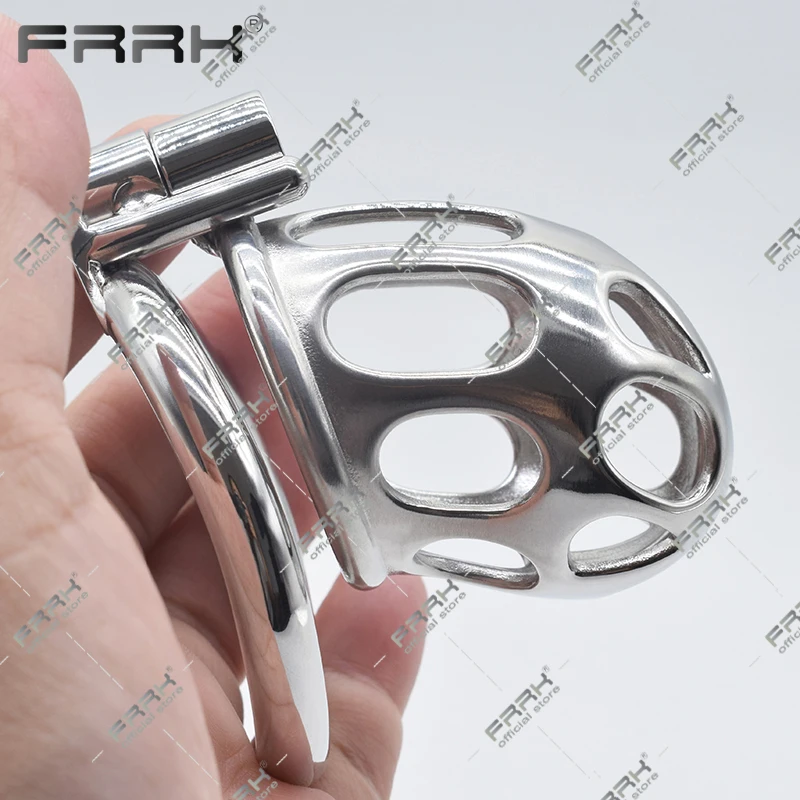 FRRK Open Head Tube Chastity Cage with 40mm 45mm 50mm Curve Penis Rings Stainless Steel BDSM Intimate Products Sex Toys Shop