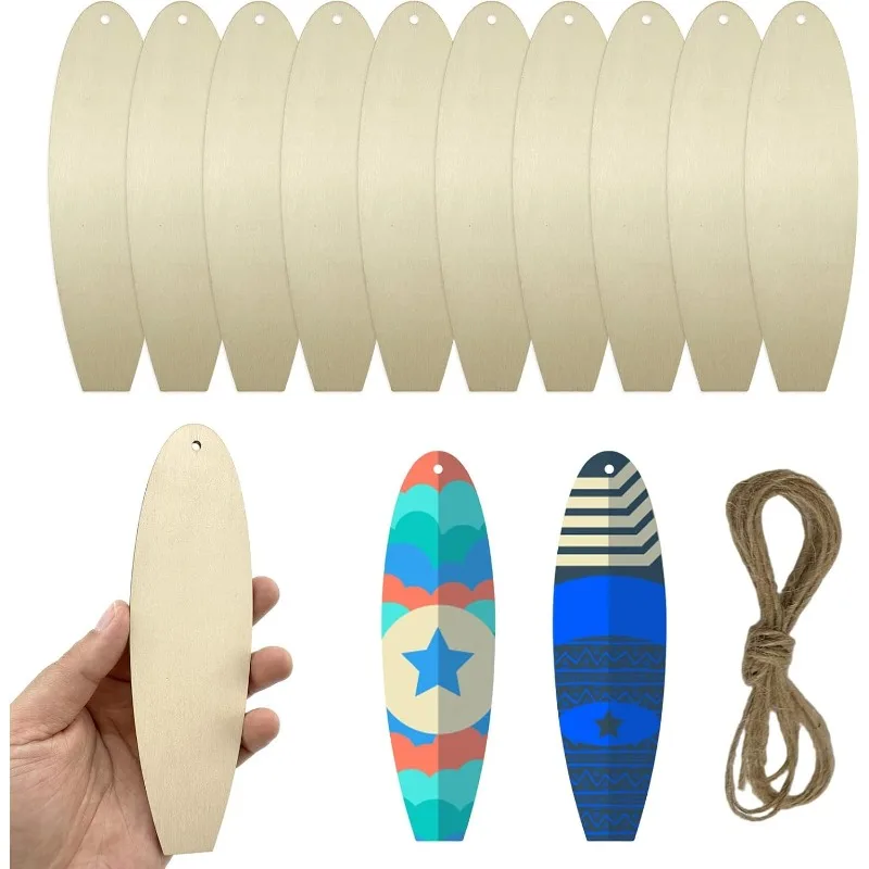 

60pcs Wood Surfboard Crafts Unfinished Wooden Surfboard Embellishments with Natural Twine Unfinished Wood Discs Ornament