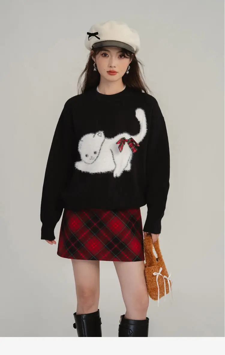 Pullover Sweater Bow Cat Print Korean Fashion Y2k Cashmere Knitted Streetwear Female Top Autumn Winter Christmas Clothes