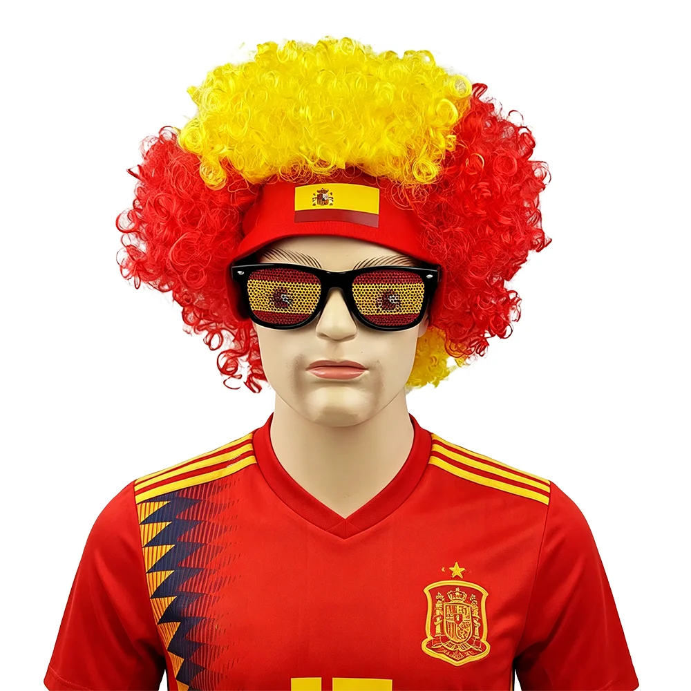 

2Pcs Football Fan Afro Wig Set with Flag Sunglasses - Elastic Headband Curly Wig for Soccer Match Carnival Party Unisex