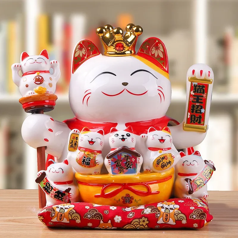 9.5 Inch Ceramic Beckoning Cat Maneki Neko Ornament Feng Shui Decoration Lucky Cat Waving Arm Battery Powered Business Gift