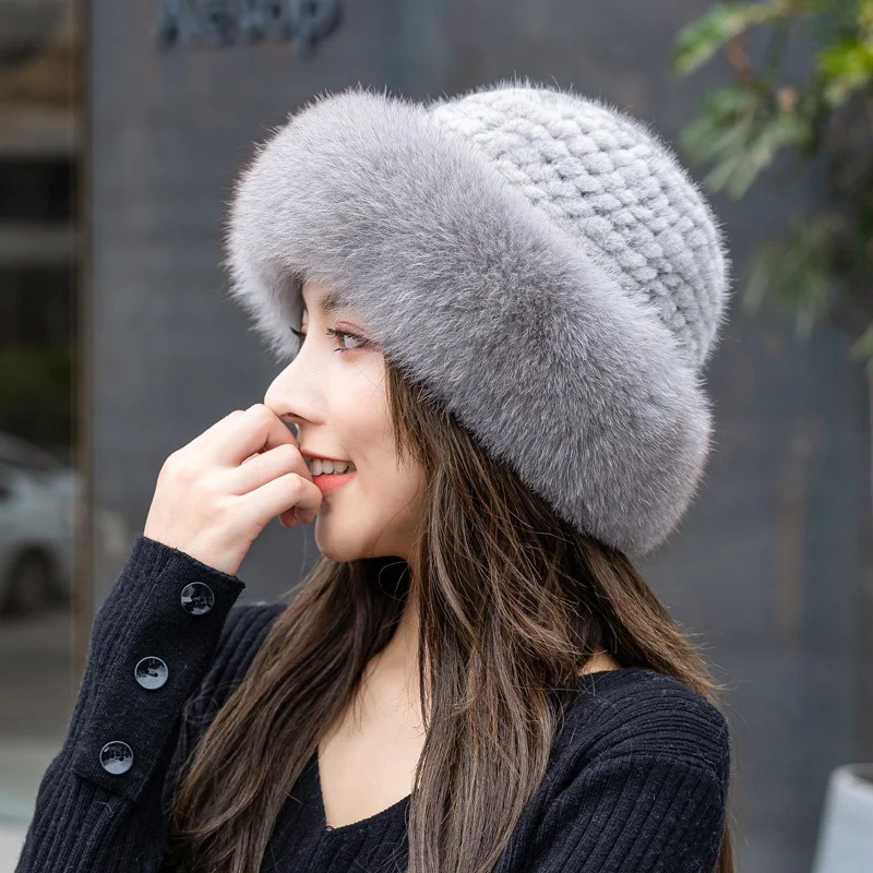 new-women's-woven-hat-thickened-mink-hair-fisherman-hat-winter-real-fur-princess-top-hat-outdoor-casual-ear-protection-hat