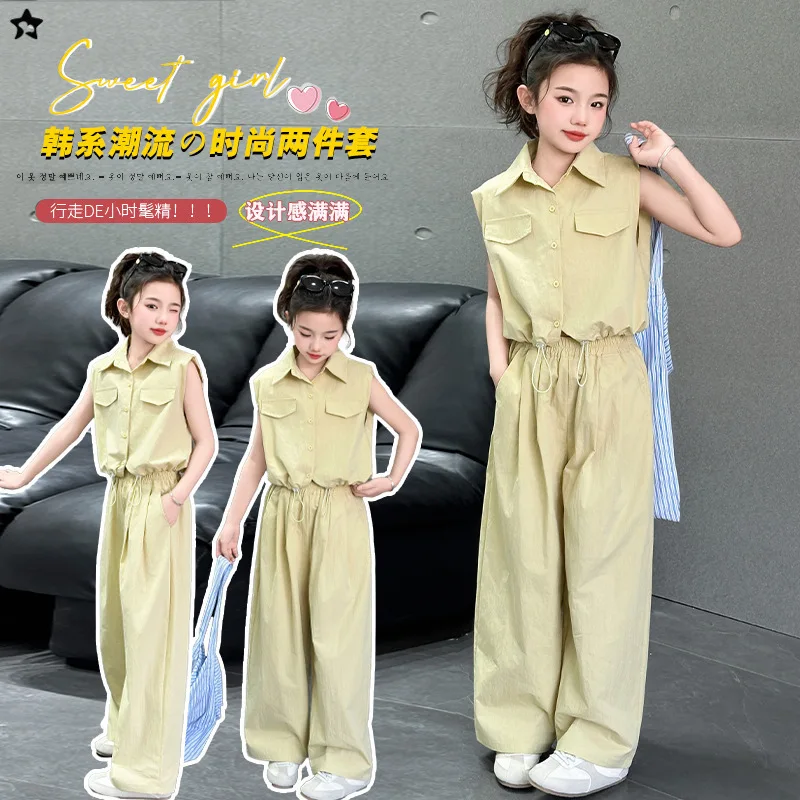 

Girls' Summer Set, Collared Sleeveless Top + Wide-leg Pants Set, Summer Two-piece Set Suitable for Ages 7-14, For Daily Wear