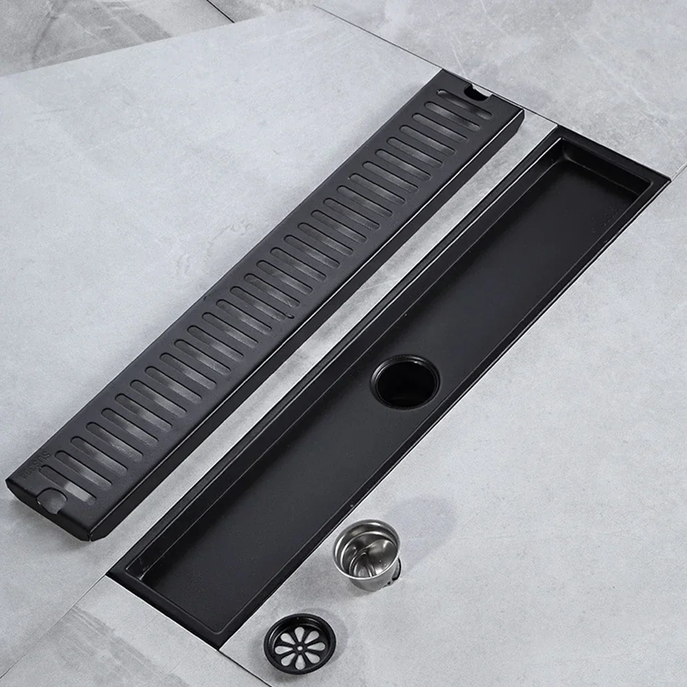 20-100cm Black Side Outlet Shower Drain Stainless Steel Bathroom Floor Drainage Linear Waste Drain Cover Roof Kitchen Accessory