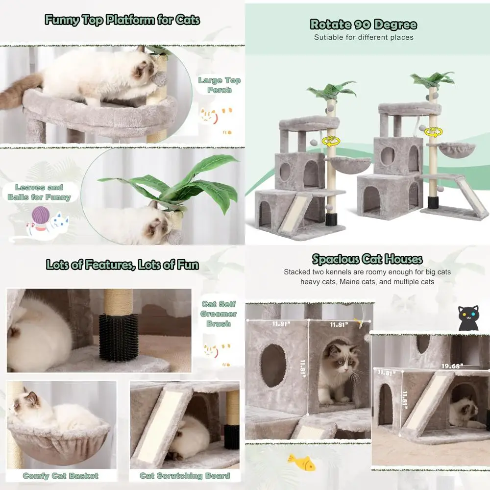 

Sturdy Cat Tower for Large Indoor Cats, Heavy-Duty with Self-Grooming Brush, Padded Perch, Scratching Post, and Hammock, Light G