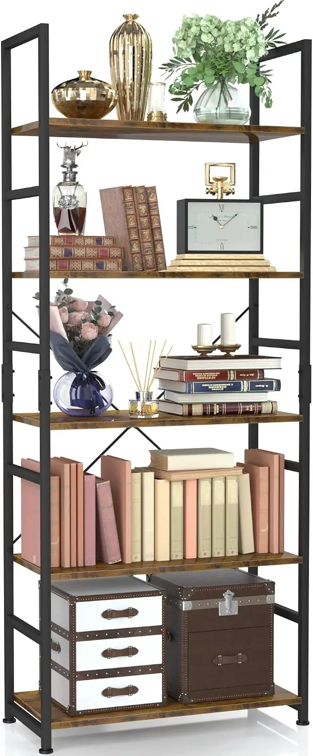 NUMENN 5 Tier Bookshelf, Tall Freestanding Open Storage Bookcase, Vintage