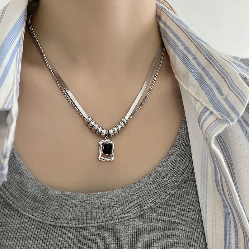 Layered Stainless Steel Chains Choker Necklace for Women Gothic Style Square Crystal Pendant Necklace Girls Sweater Chains New