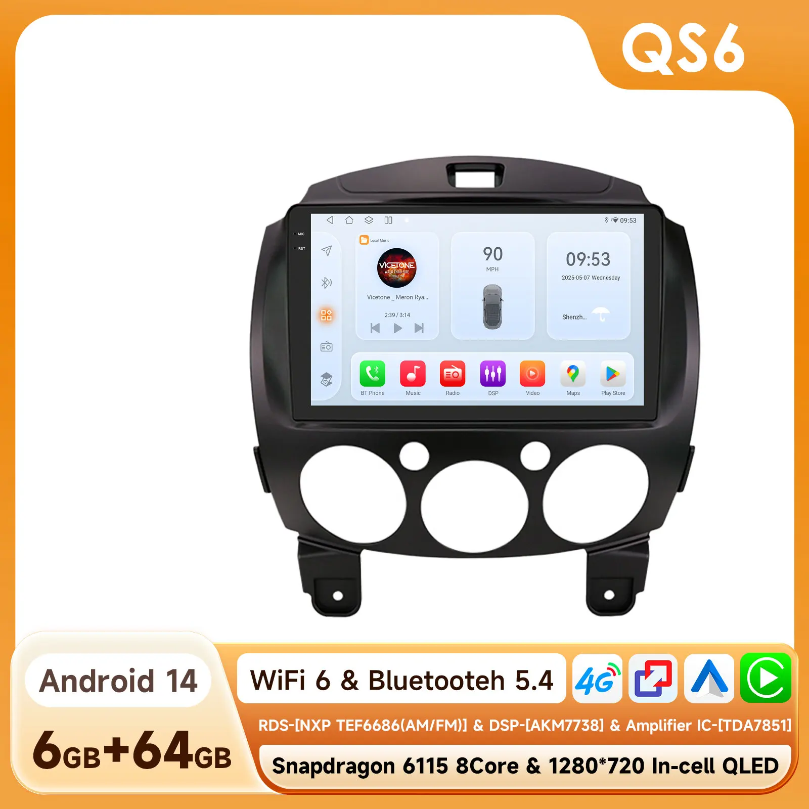 Auto Multimedia Video Player voor MAZDA 2 2007-2014 Android 14 DSP Carplay Stereo GPS Navigatie 2din BT 4G 9 ''door Snapdragon 6115