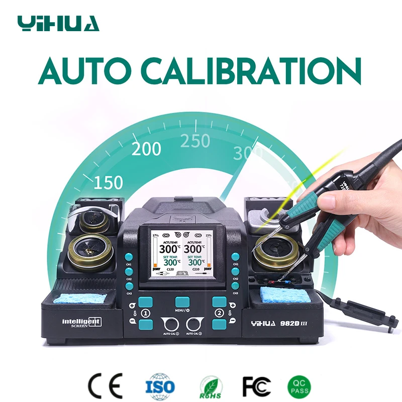 Sistema de soldadura YIHUA 982D‐III Micro pinzas C210/C245 + mango C120 Calibración automática 3 canales preestablecidos Punta compatible con microscopio