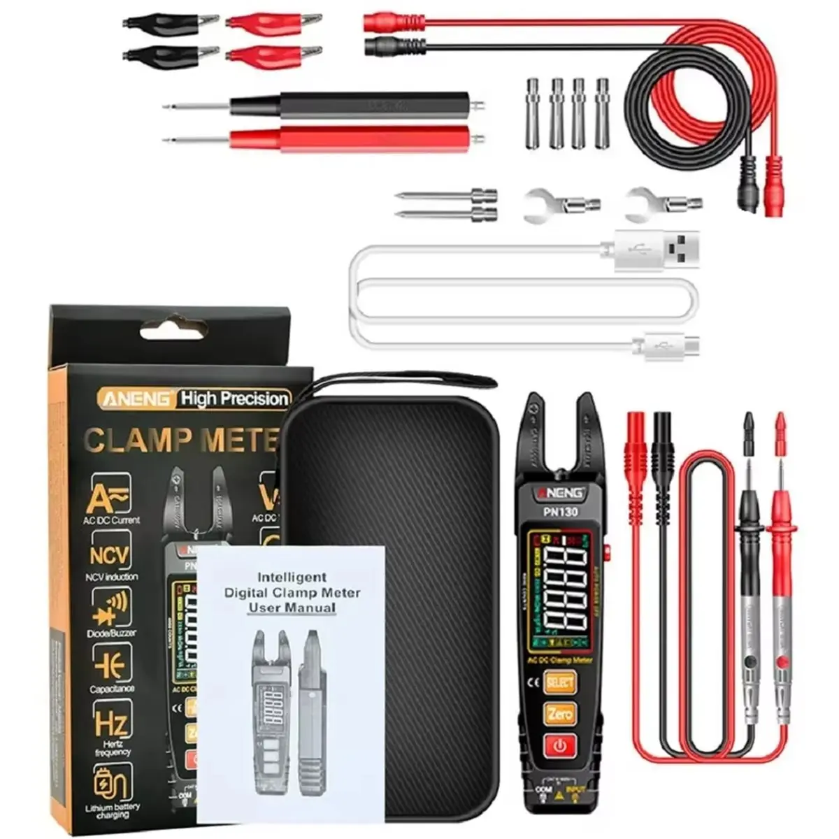 DT38  Clamp Meter Rechargeable PN130 Digital Multimeter 4000 Counts Voltage Current Protable Capacitance Resistance Tools