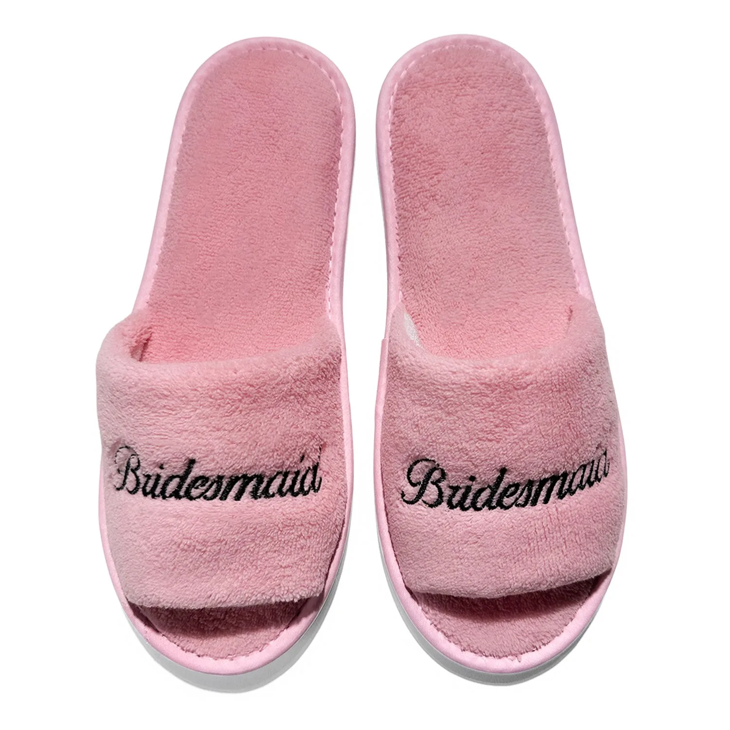 Pink Bridesmaid & Team Bride, Wedding Party Guests Home Slip On Shoes Bridal Party Slippers Set, Open-toe With Black Embroidery