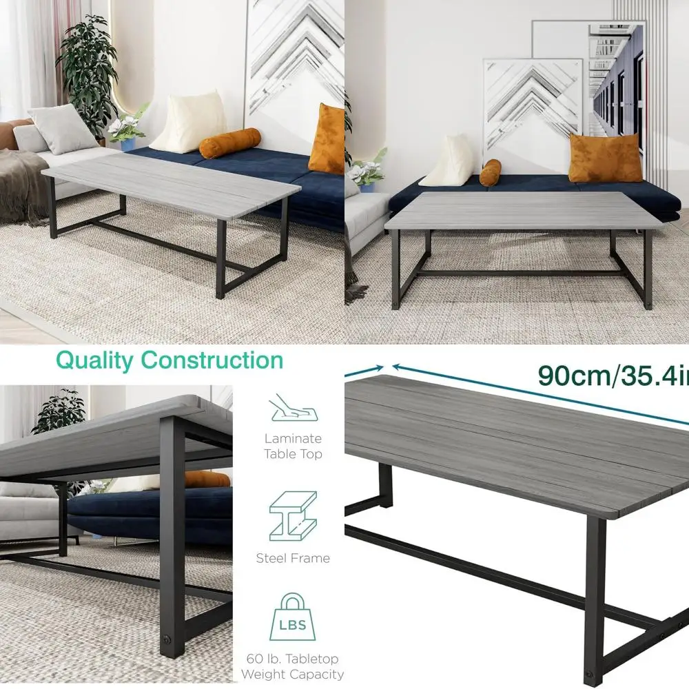 Mid-Century Rectangular Wooden Coffee Table with Metal Frame, Grey Finish, Easy Assembly for Living Room