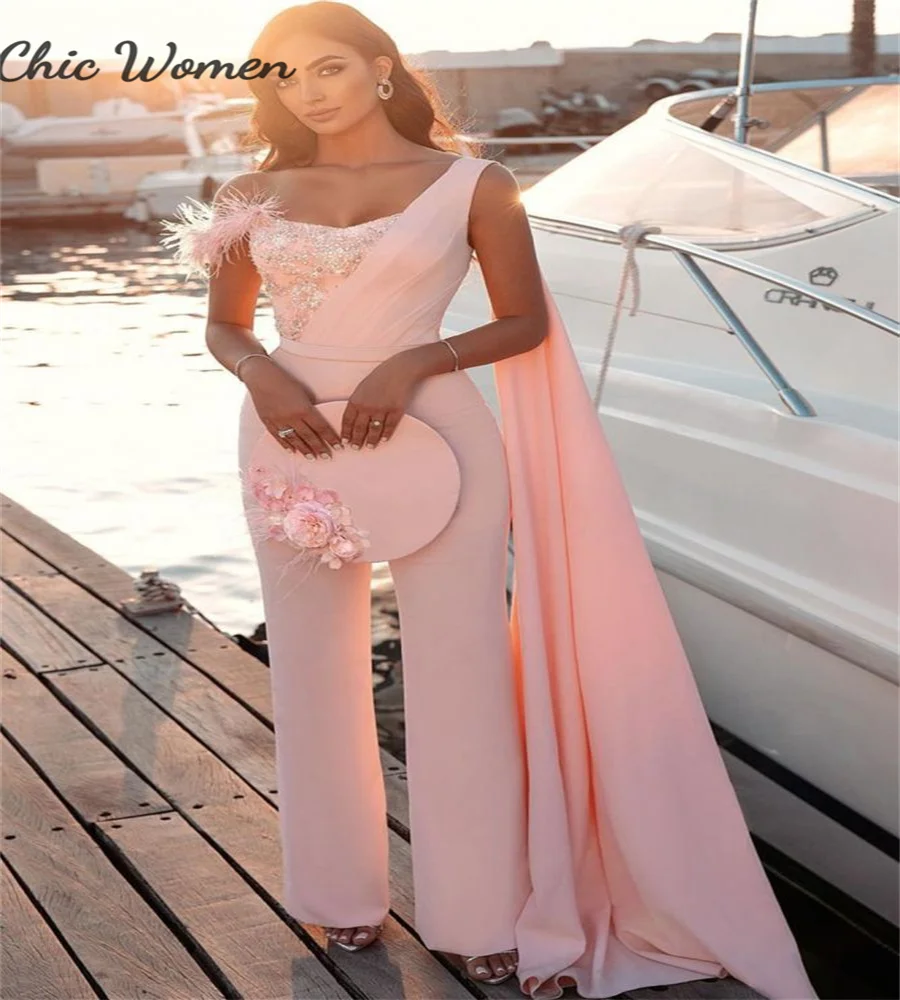 Saudi Arabic Jumpsuit Wedding Dress With Cape Customized Elegant Feather Pink Civil Boho Bride Dress Paskistani Pantsuit Bridal