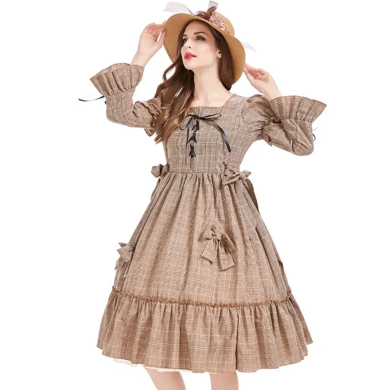 Pastoral Khaki Plaid Lolita Dress Spanish Style Lolita Princess Bow Skirt