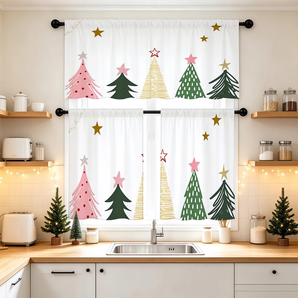 Christmas Kitchen Curtains, Colorful Hand Drawn Tree Star, Digital Print, Kitchen Dining Room, Rod Pocket Polyester, Home Decor