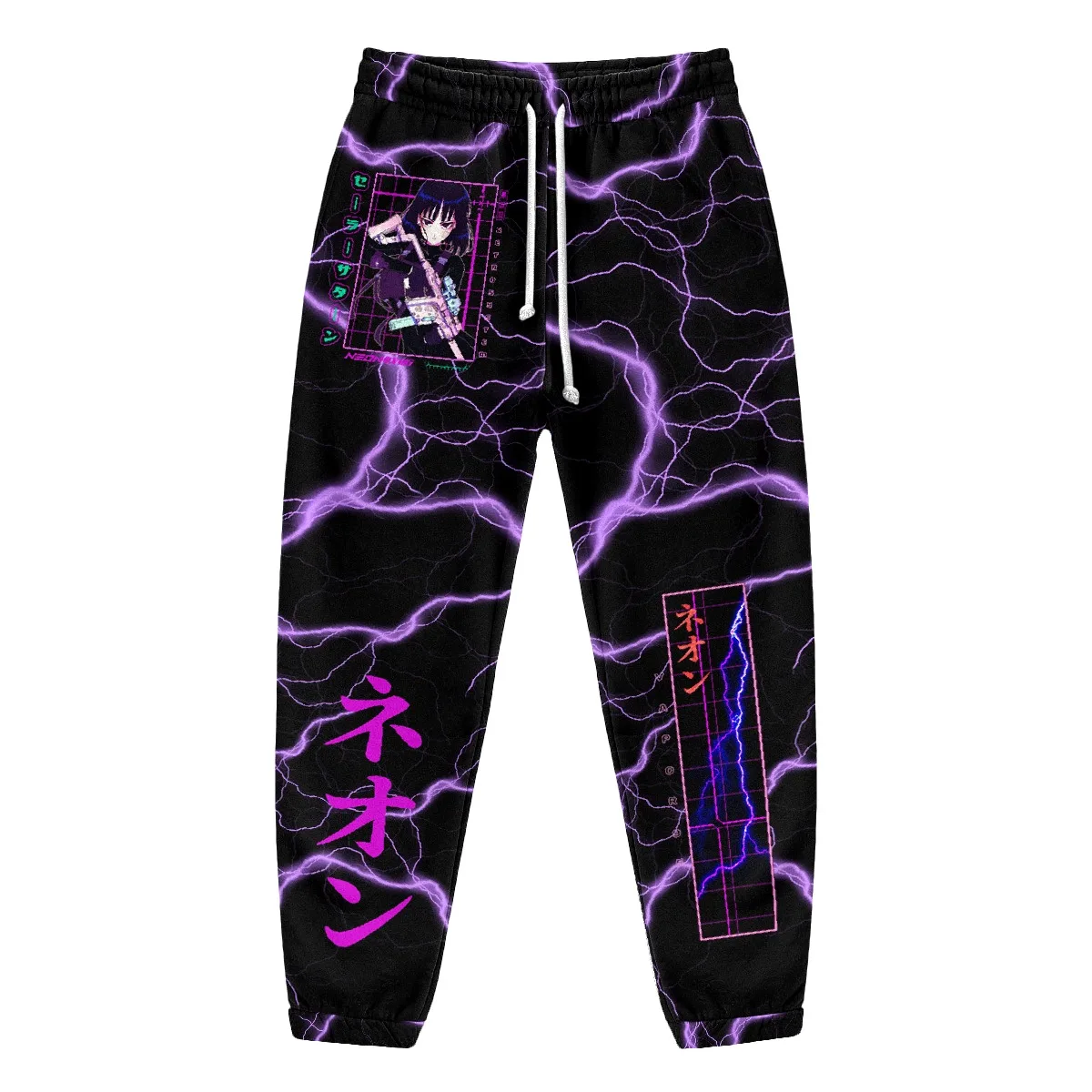 Unisex Black Joggers Featuring A Purple Lightning Bolt and Vaporwave-style Cartoon Graphic; Streetwear-style Drawstring Pants.