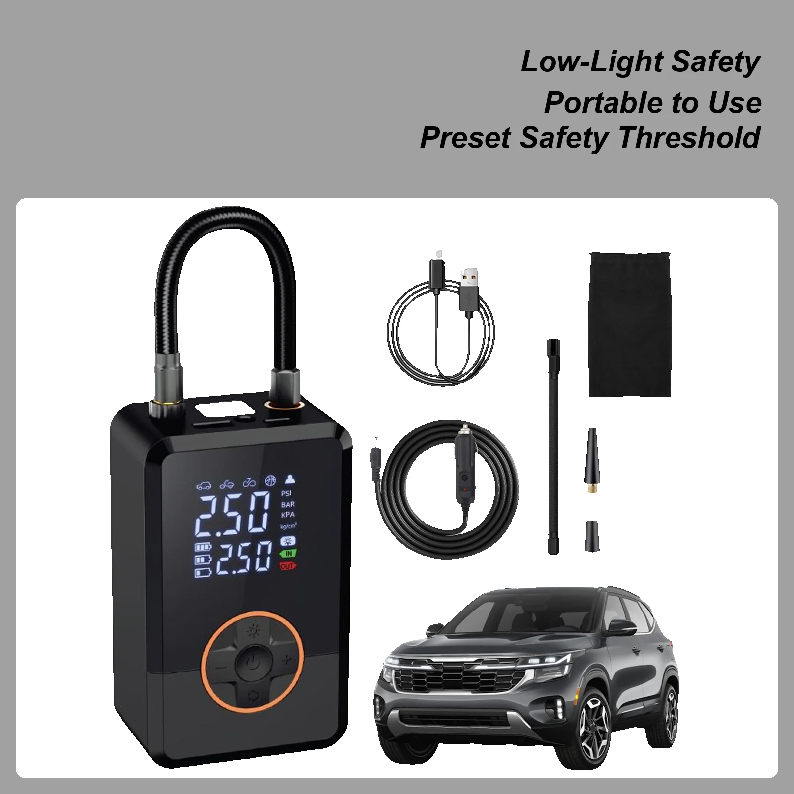 

Портативный воздушный компрессор для накачивания шин 130 PSI со светодиодным мотоциклетным воздушным насосом для автомобиля, велосипеда, авто, грузовика, дороги на открытом воздухе