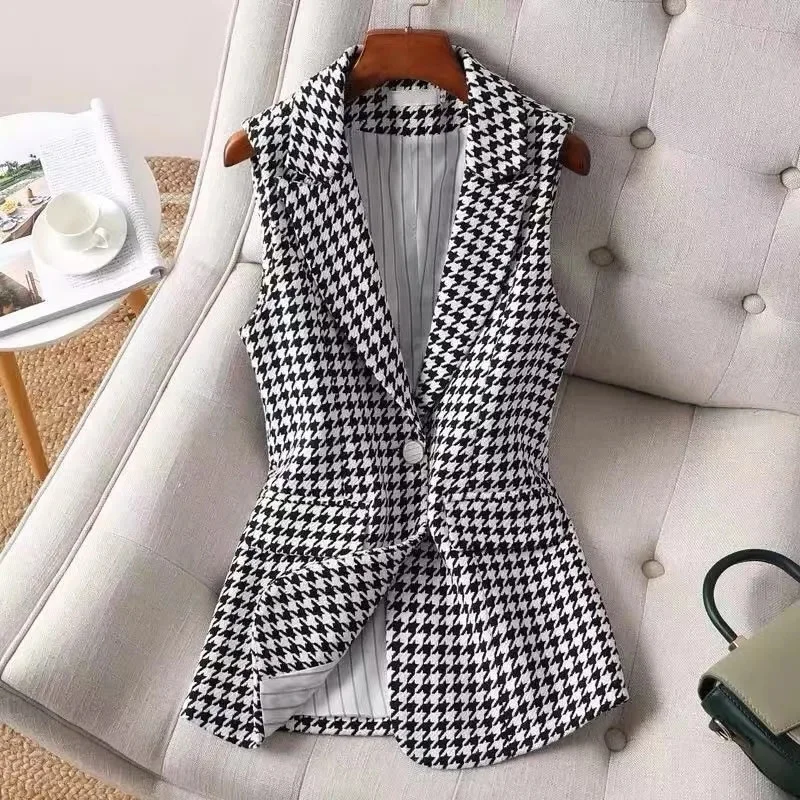 2024 Autumn Winter New Women Jacket Woolen Vest Female Korean Version Loose Houndstooth Vest Ladies Casual Waistcoat Vest