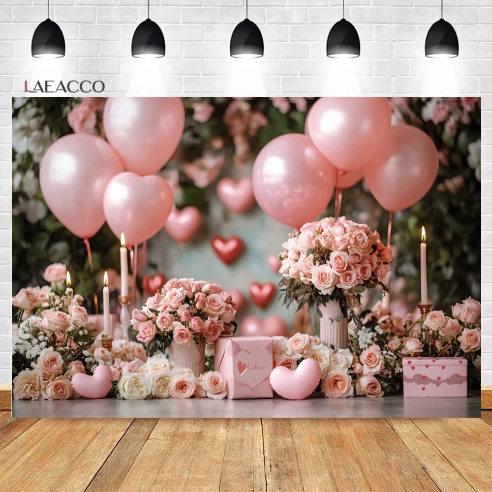 Laeacco Romantic Valentine's Day Candlelight Dinner Photo Backdrop Balloons Roses Exquisite Gift Candles Proposal Background
