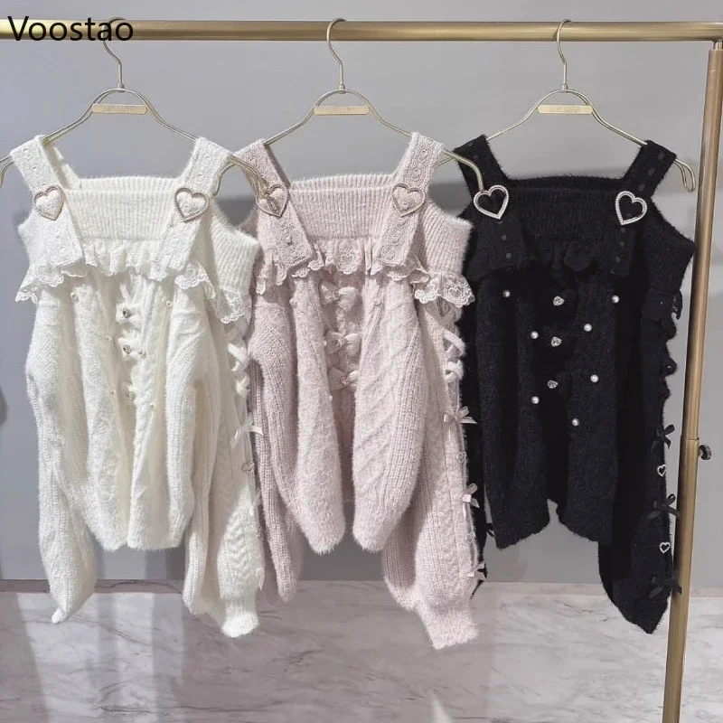 Japanese Sweet Lolita Style Knitted Pullover Women Vintage Plush Bow Off Shoulder Sweater Autumn Girls Harajuku Knitwear Tops