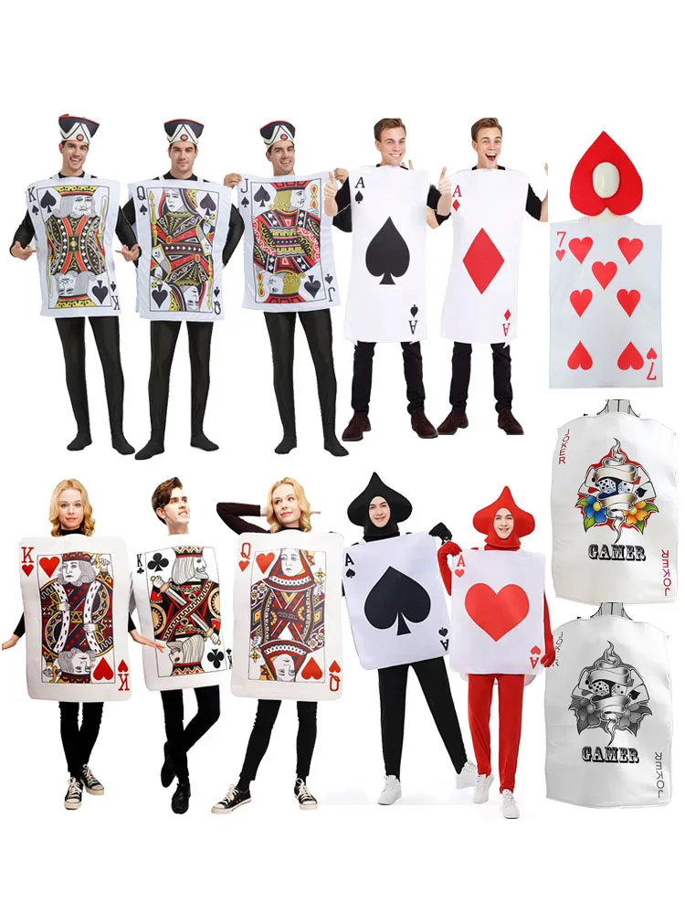 

loween Adult Poker Costume Red 7 Spades Concert Funny Par King Queen Red Heart a Performance Polyester Ethnic Stage Costume