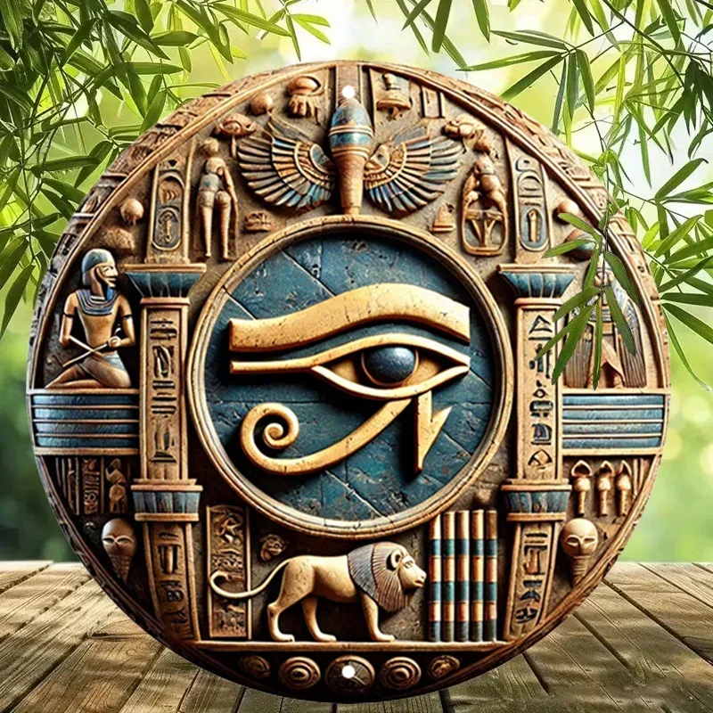Tin Painting，Egyptian Hieroglyphics Eye Of Horus Round Sign Carved Metal Wall Art, Adventure Theme ，Vintage Home Decor