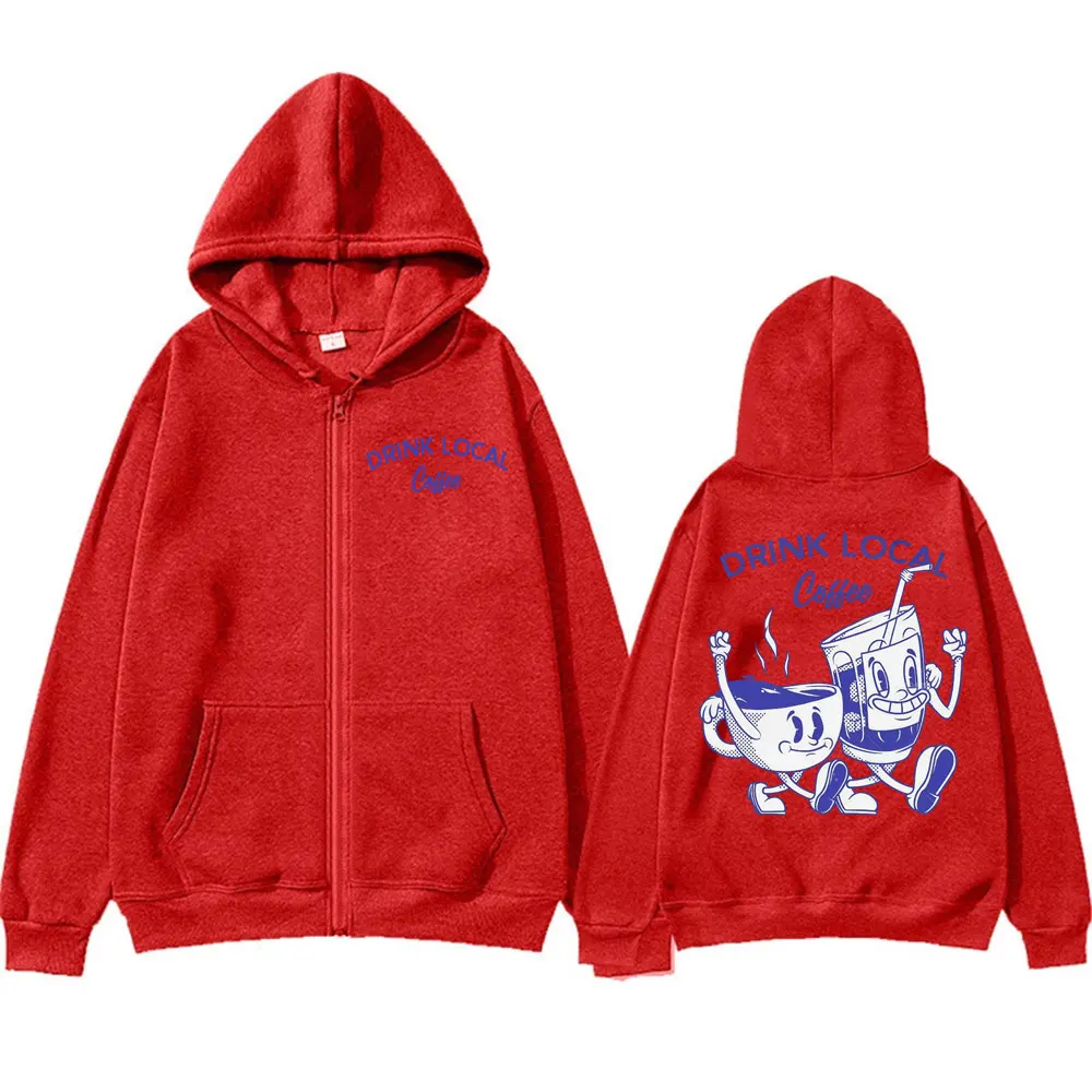 شرب القهوة المحلية مضحك ميمي الجرافيك سستة هوديس الرجال النساء خمر طويلة الأكمام زمم بلوزات الراحة فضفاضة مقنعين معاطف #4