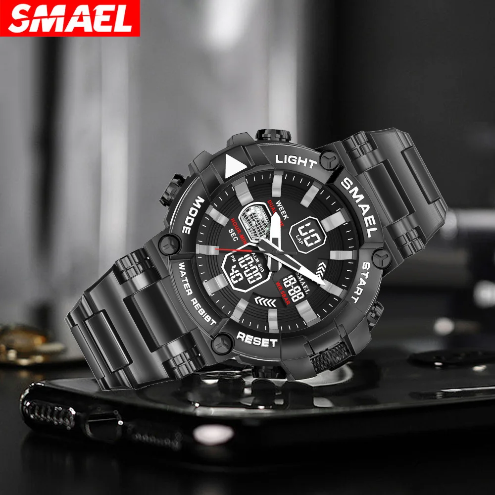 

Stainless steel alloy dual display digital watch - stylish men's luminous chronograph stopwatch alarm clock