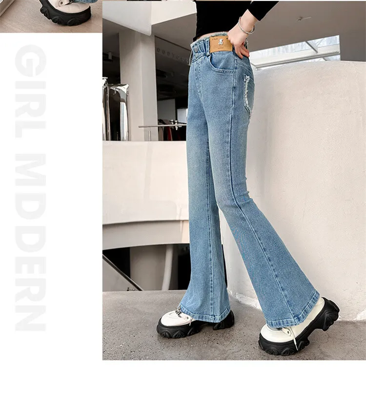 Schmal geschnittene, eng anliegende Jeans mit Herzmuster für Mädchen, elegante Boot-Cut-Denim-Leggings, modische Kinderjeanshose – Detail 14