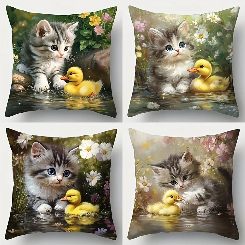4Pcs Cute Cat Duck Pillow Covers for Sofa - Printed Cushion Case with Zipper, Kitten Duck Pattern Decor (Insert Not Included)